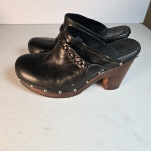UGG 3206 Clogs Mules Womens 8 Braided Black Leather Studs Wood Platform Slip on